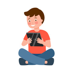 Cute boy child using tablet in flat design on white background.