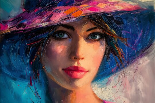 An oil painting depicting a portrait of an elegant young woman in a hat is executed with textured bold brush strokes