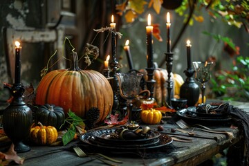 Fototapeta na wymiar Eerie Halloween Dinner Table with Skull, Pumpkins, and Candles