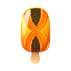Papaya ice cream, fruit popsicle on a wooden stick with papaya pieces. Summer cold dessert, frozen juice, fruit ice. Vector illustration.