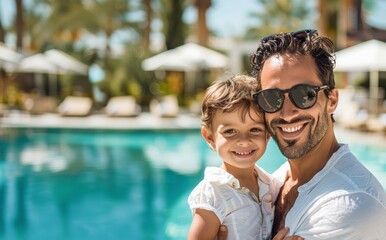 Father and toddler child spending time near the swimming pool in luxury summer resort.