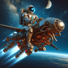 Robot as astronaut. Robot cyborg riding spaceship on space. spaceship in the Universe, spacecraft flying in deep space with stars in the background, UFO rear view, 3D rendering