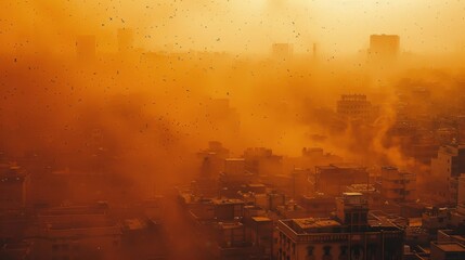 European cities are shrouded in orange sand petrels from the Sahara, creating a fantastic, surreal landscape. Natural disasters and global climate change  concept. Generative AI.