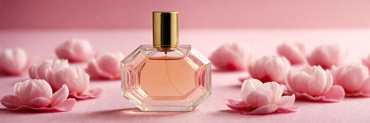 Bottle of women's perfume close-up on a pink background - obrazy, fototapety, plakaty