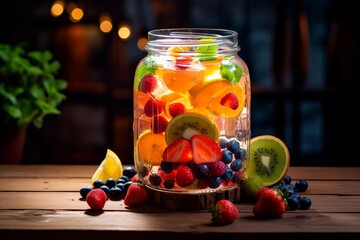 Different fruits in jar cocktail on wooden table. Fresh fruit salad with kiwi and orange in a jar