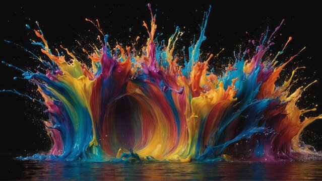 Surreal crown-like paint splash against dark. Artistic display of color and motion.