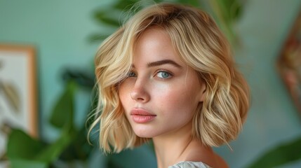 Naklejka premium trendy women's hair styling blonde large curls. girl in profile with professional hair styling, back view. Pink shades
