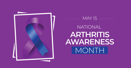 National arthritis awareness month campaign banner. Observed in May. Featuring purple and blue ribbon.