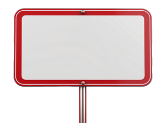 A red and white sign stands out starkly against the white background