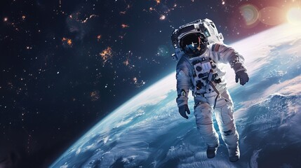 Fototapeta na wymiar Astronaut floating in the vastness of space with Earth in the background
