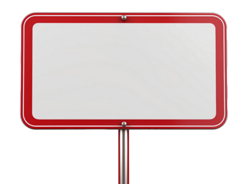 A red and white sign stands out starkly against the white background