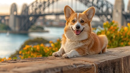 A Corgi dog sits posing on a wooden ledge at the waterfront under the Sydney Harbour Bridge;...