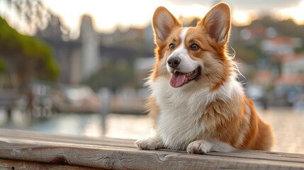 A Corgi dog sits posing on a wooden ledge at the waterfront under the Sydney Harbour Bridge;...