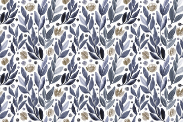 Watercolour floral in dusty beige, grey and pale indigo. Seamless pattern.  - 793838589