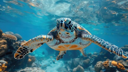 A critically endangered hawksbill sea turtle (Eretmochelys imbricata) glides over a reef off the island of Yap; Pacific Ocean, Yap, Micronesia