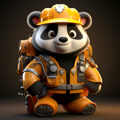 Panda astronaut in helmet and orange suit. 3D rendering.