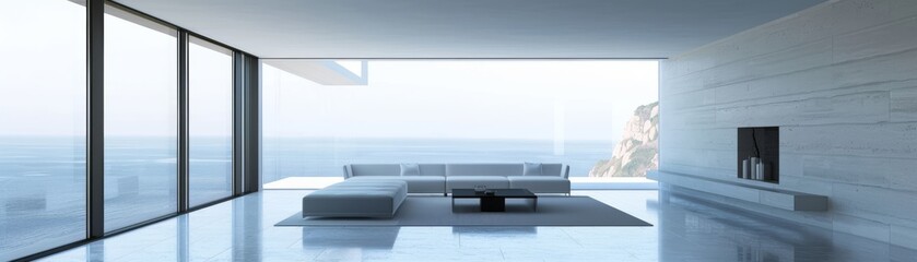 Modern minimal interior living room with fireplace and large windows overlooking the ocean.