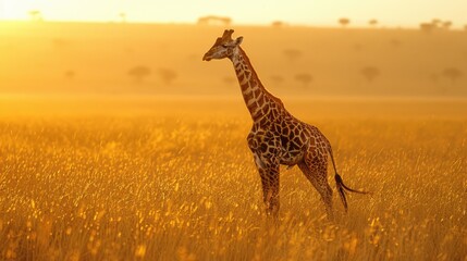 A giraffe  walking in a field in the grasslands of the savanna with a hazy silhouette of the...