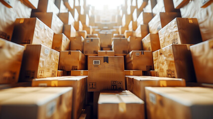 Piles of carton packages in a courier warehouse.