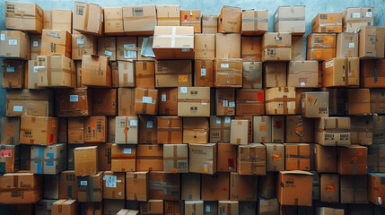 Piles of carton packages in a courier warehouse.