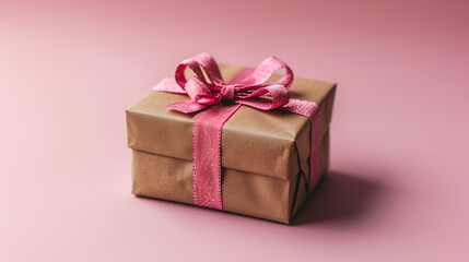 Gift box with ribbon on pink background.