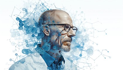 Illustrate a double exposure of a brilliant scientist superimposed with intricate molecular structures, combining digital photorealism with a touch of artistic interpretation to symbolize innovation a - obrazy, fototapety, plakaty