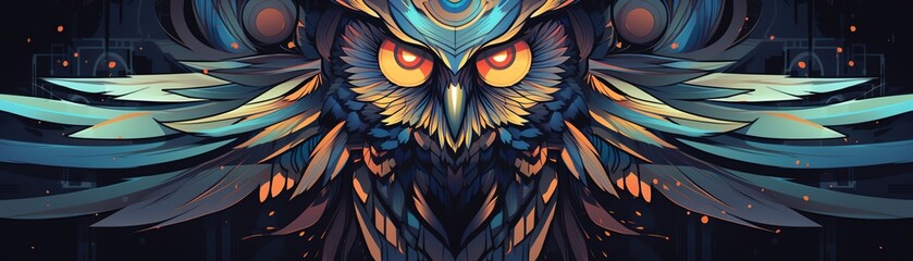 Illustrate a Cybernetic owl with pixel art, employing space and dimension intricately Imagine a magical, robotic entity at eye-level angle, combining traditional and digital mediums for a captivating - obrazy, fototapety, plakaty