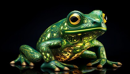 Illustrate a single green frog in intricate detail, its skin appearing to glow with an otherworldly light The frog symbolizing transformation and renewal, surrounded by swirling patterns that evoke a