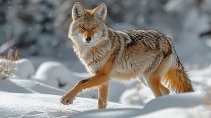 A lone coyote Canis latrans isolated on white background walking and hunting through the snow in Canada