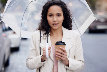 Umbrella, portrait or business woman with coffee in city for travel, immigration or work...