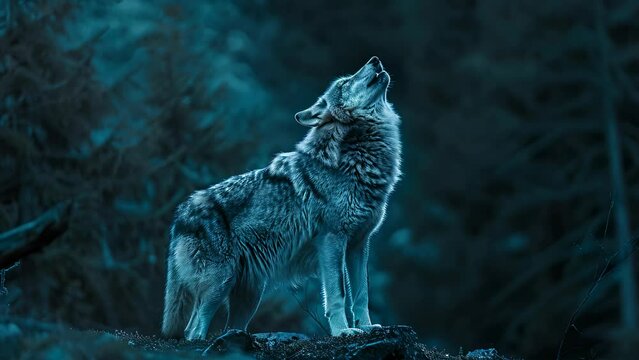 A wolf is standing on a rock and howling. The image has a mood of loneliness and wildness