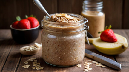 Overnight peanut butter oatmeal with strawberries in a jar