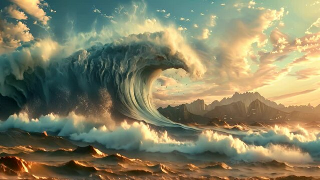 A large wave crashing on a beach with mountains in the background. Scene is powerful and awe-inspiring
