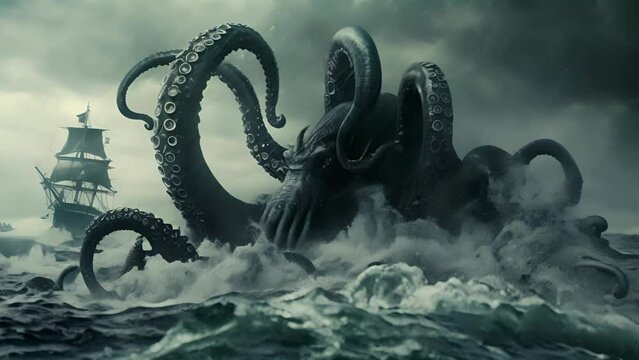 A large octopus is swimming in the ocean next to a ship. The scene is dark and ominous, with the water and sky blending together to create a sense of foreboding. The octopus is surrounded by waves