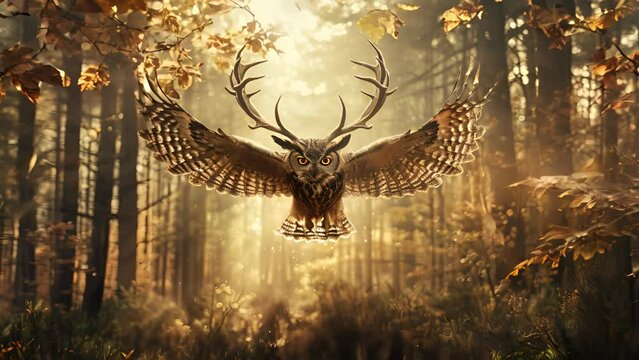 A large deer with antlers is flying through a forest. The image has a mood of adventure and excitement