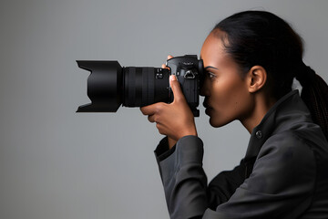 A professional photographer focusing through her lens, capturing a moment, set against a focus grey background, with copy space on the right for photography workshops or equipment sales 