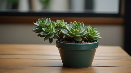 Clay pot of various of flowering succulent plants beside window.generative.ai
