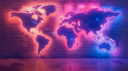 Neon World Map on Brick Wall Background