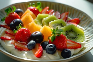 A vibrant fruit salad in a beige dish, featuring strawberries, kiwi, blueberries, black grapes, and orange segments on a yogurt base.