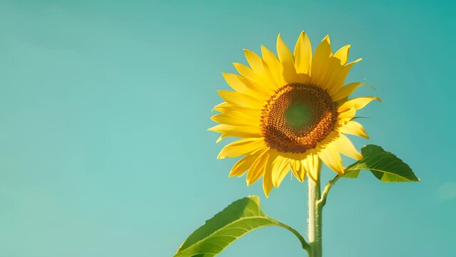 A yellow sunflower is standing tall in a field of blue sky. The flower is the main focus of the image, and it is the most vibrant and beautiful part of the scene