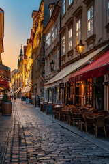 Charming Old Town Square Bustling With Activity During Golden Hour, With Outdoor Cafes, Cobblestone Streets, Generative AI