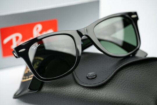 Dnipro, Ukraine - 03.30. 2024: Ray - Ban. Wayfarer 2140. Stylish black sunglasses isolated on white background.	
