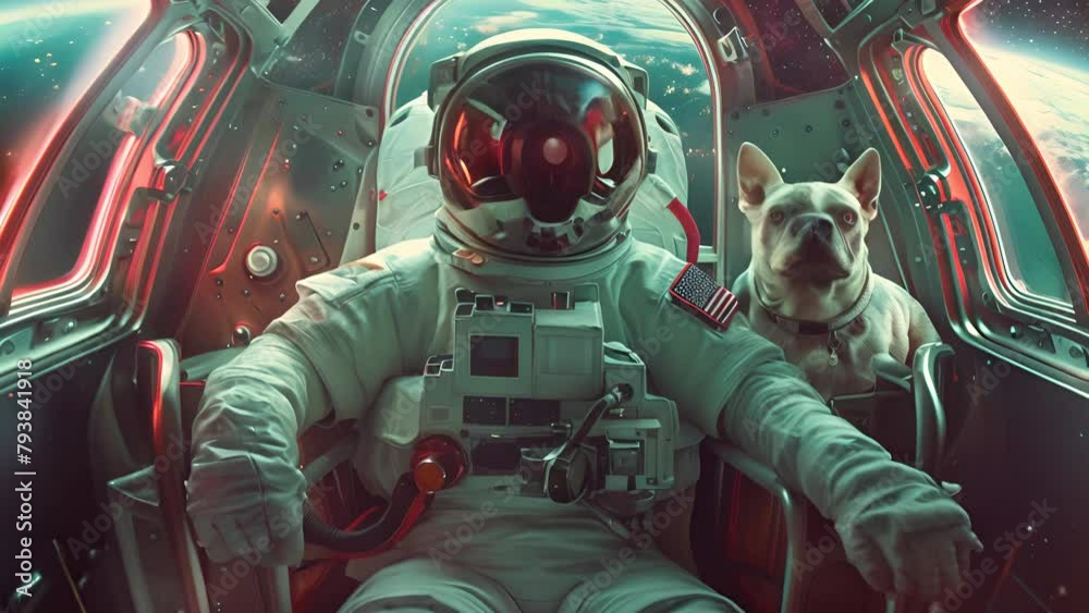 Canvas Prints a man in a spacesuit is sitting in a spaceship with a dog. the dog is wearing a collar with the amer