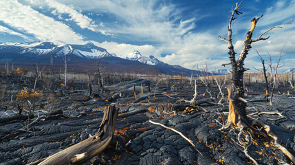 Dead forest with dry burnt trees in black lava fields.