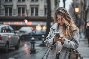 An attractive young woman texting on her smartphone in the night in the city