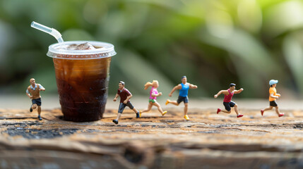 Diet and food and Sport concept. Group of runner miniature