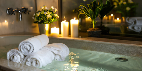 Spa Tub Candles Sudsy Relaxation Romantic Bath - obrazy, fototapety, plakaty