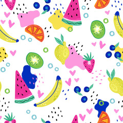 Colorful hand drawn fruit pattern with colorful design, seamless background, great for summer fabrics, banners, wallpapers - vector design
