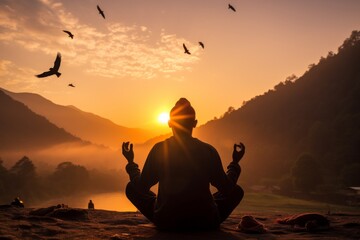 Man in the lotus position at sunset. Person Meditating on the mountains at Sunset