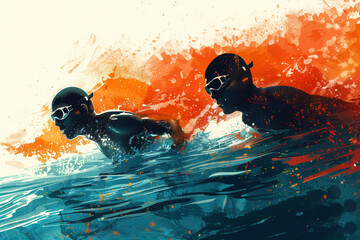 Fototapeta premium Swimming sport illustration. Male swimmers and splash water, banner for swimming competition